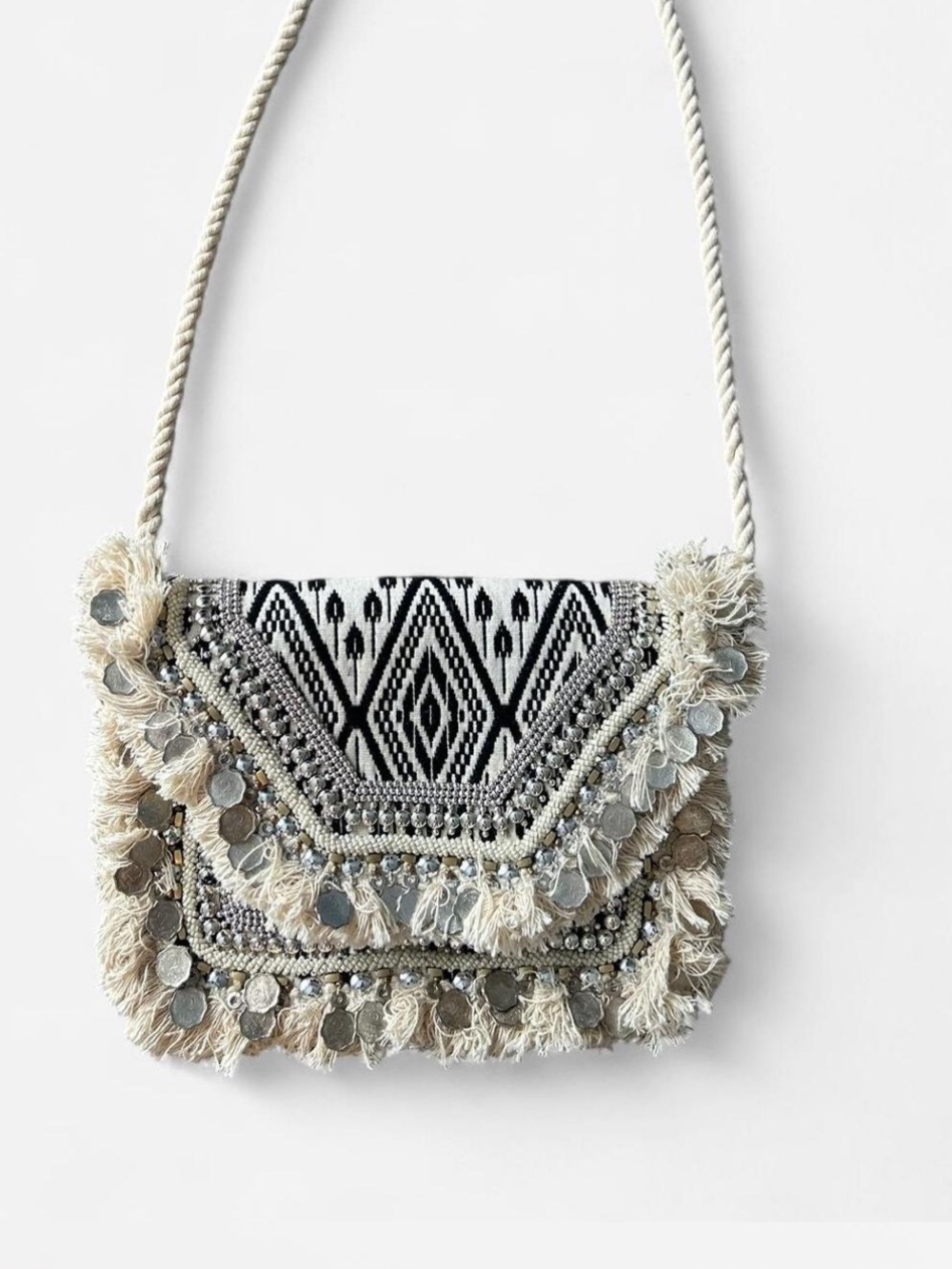 Antik Kraft Bohemian Fringe Crossbody Bag Clutch Cream and Black
